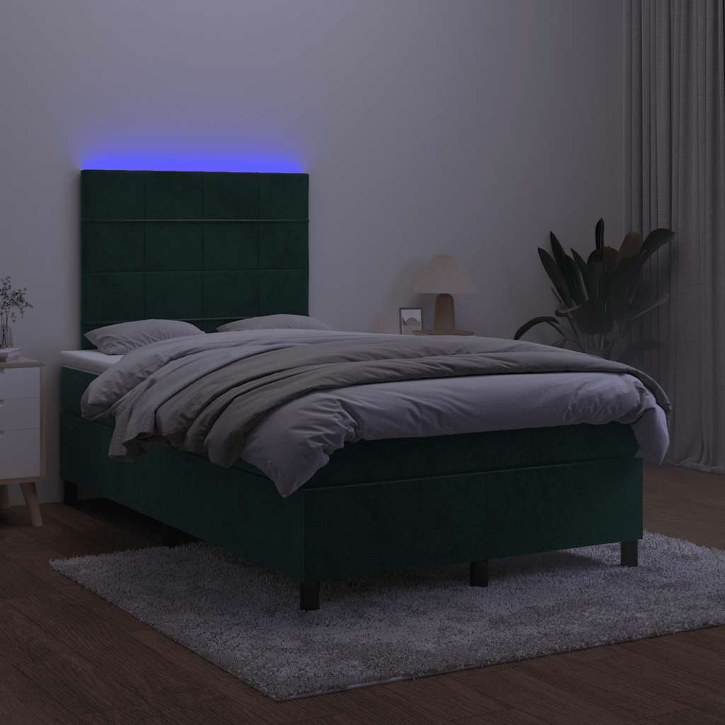 sötétzöld bársony rugós és LED-es ágy matraccal 120x200 cm
