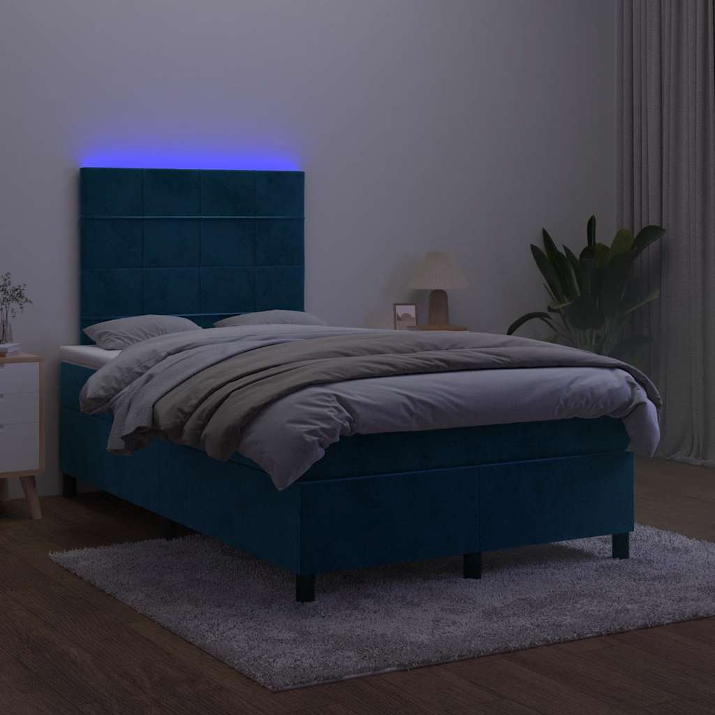 sötétkék bársony rugós és LED-es ágy matraccal 120x200 cm