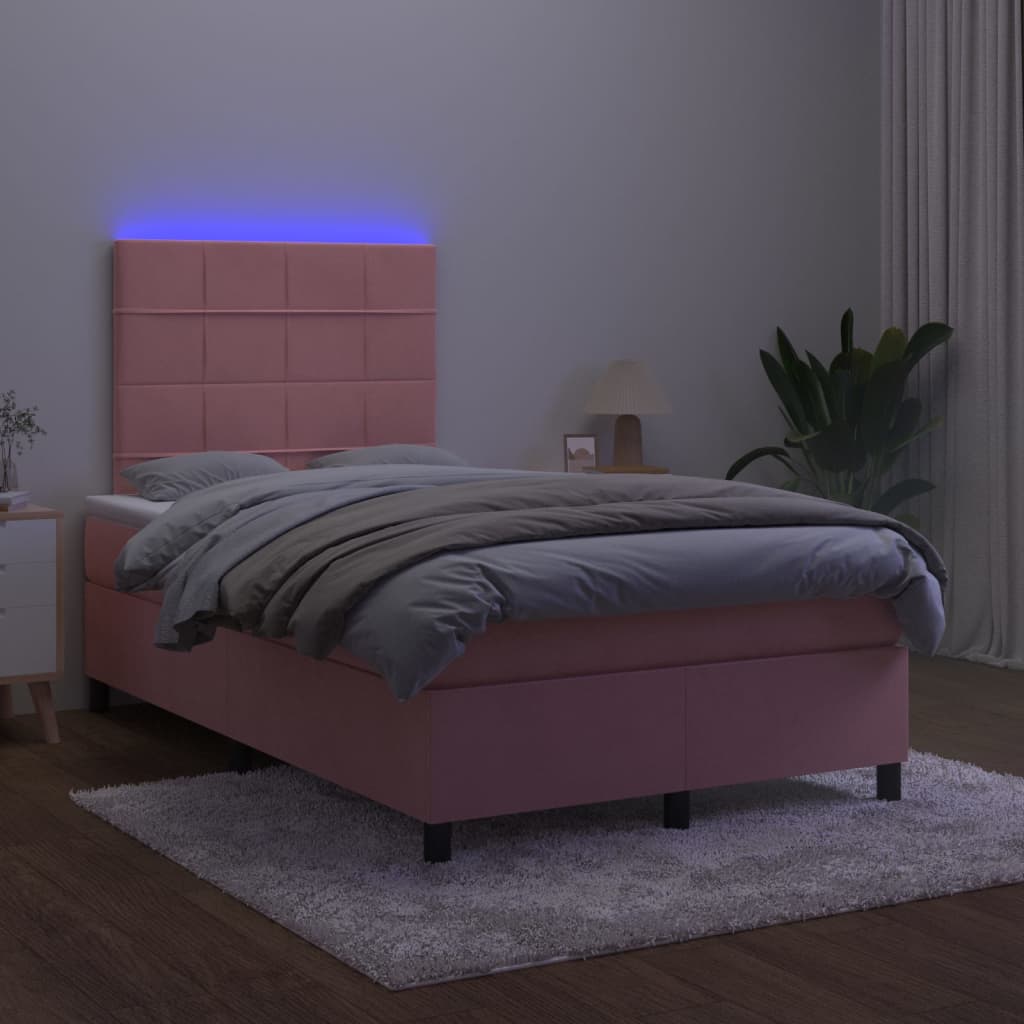 rózsaszín bársony rugós és LED-es ágy matraccal 120x200 cm