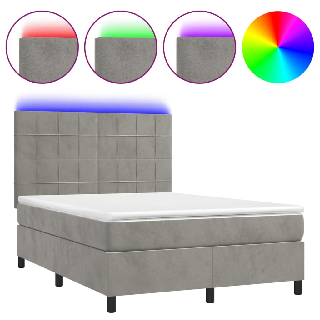 világosszürke bársony rugós és LED-es ágy matraccal 140x190 cm