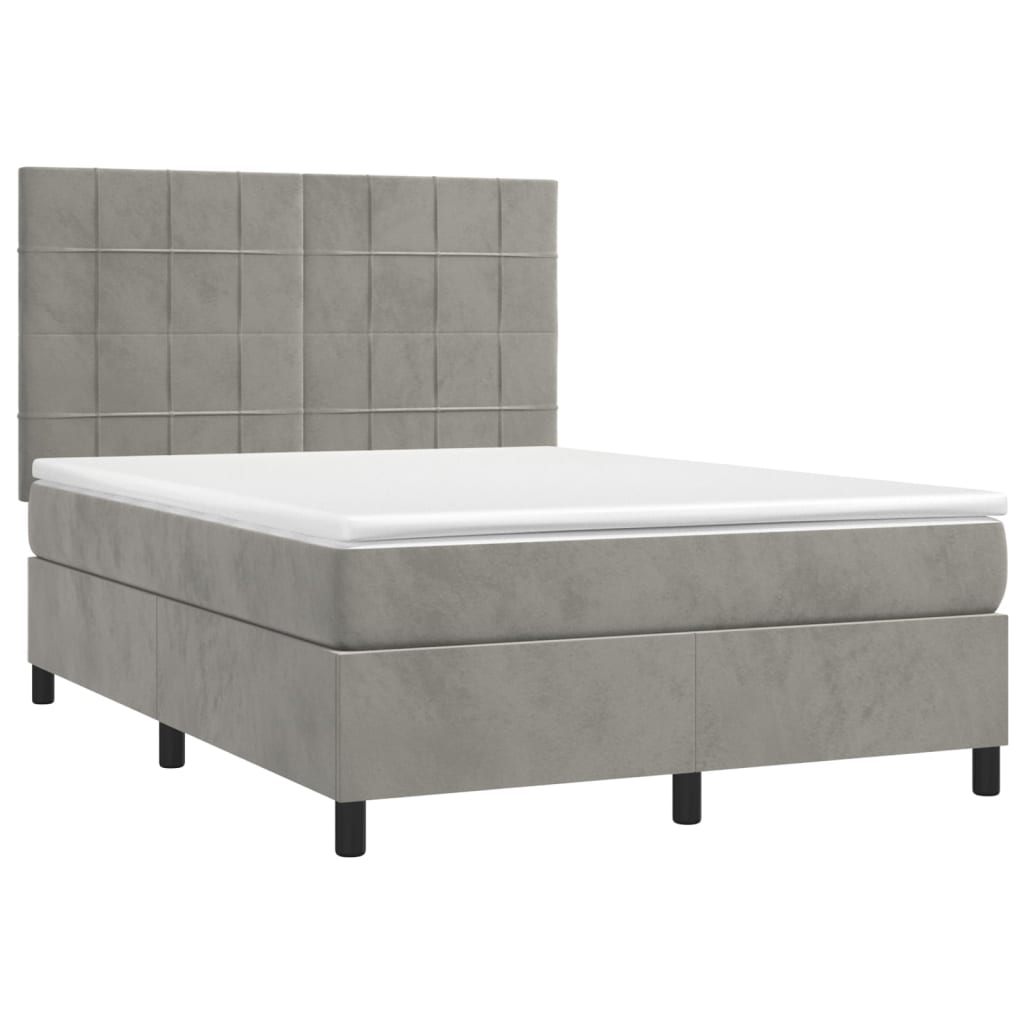 világosszürke bársony rugós és LED-es ágy matraccal 140x190 cm
