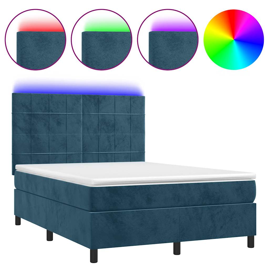 sötétkék bársony rugós és LED-es ágy matraccal 140x190 cm