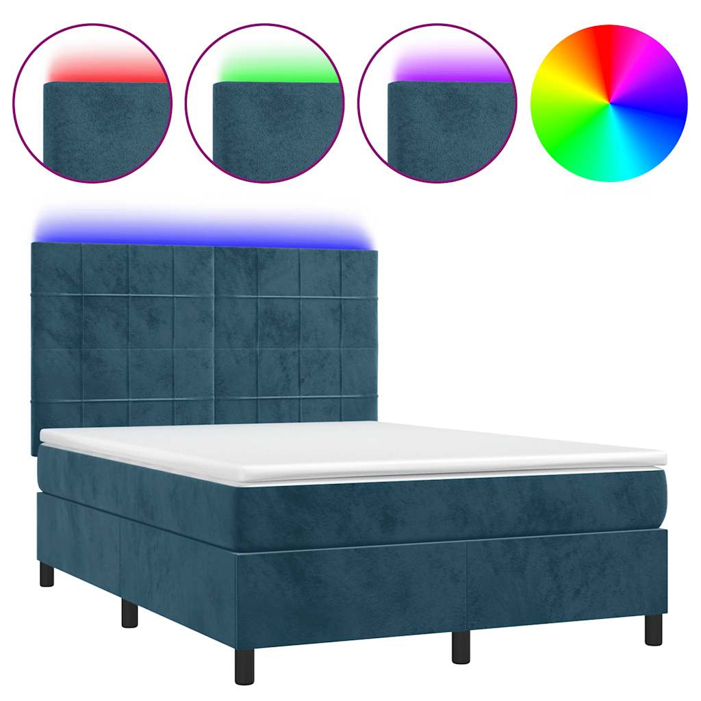 sötétkék bársony rugós és LED-es ágy matraccal 140x200 cm