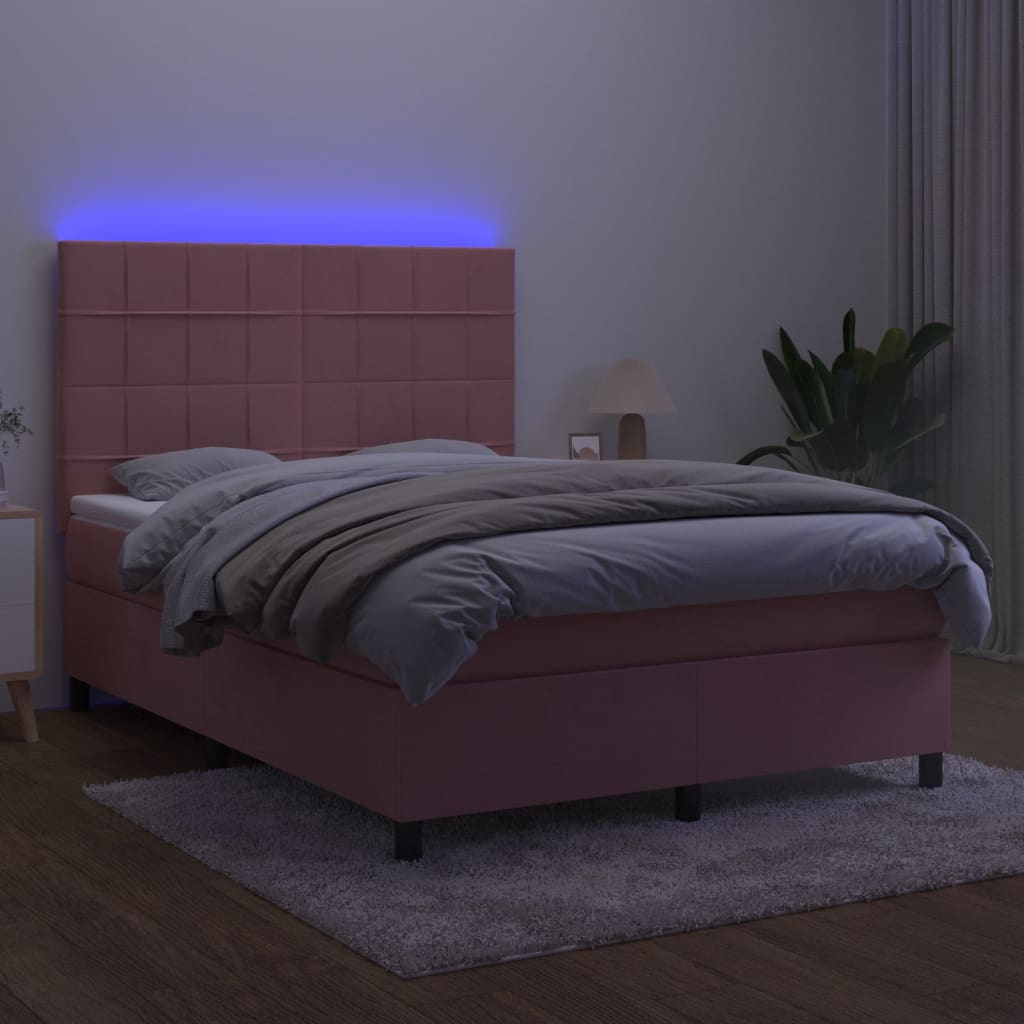 rózsaszín bársony rugós és LED-es ágy matraccal 140x200 cm