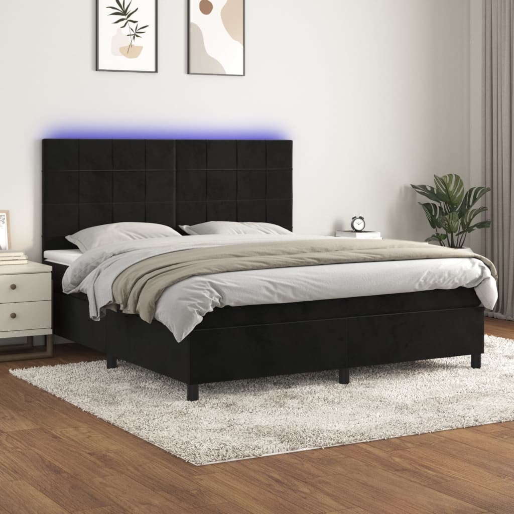 fekete bársony rugós és LED-es ágy matraccal 160x200 cm