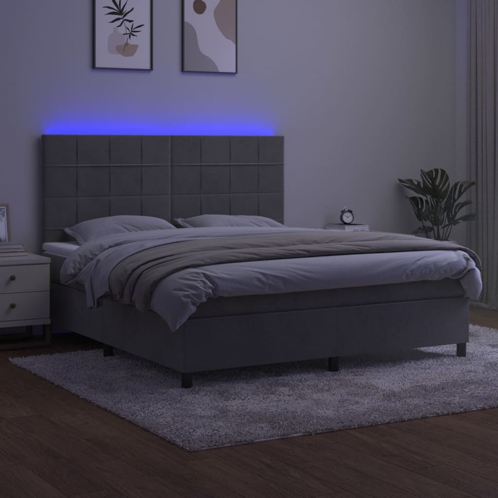 világosszürke bársony rugós és LED-es ágy matraccal 180x200 cm