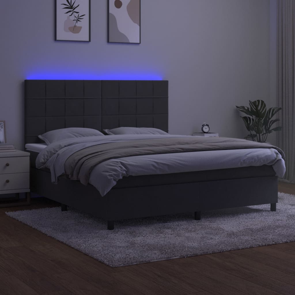 sötétszürke bársony rugós és LED-es ágy matraccal 180x200 cm