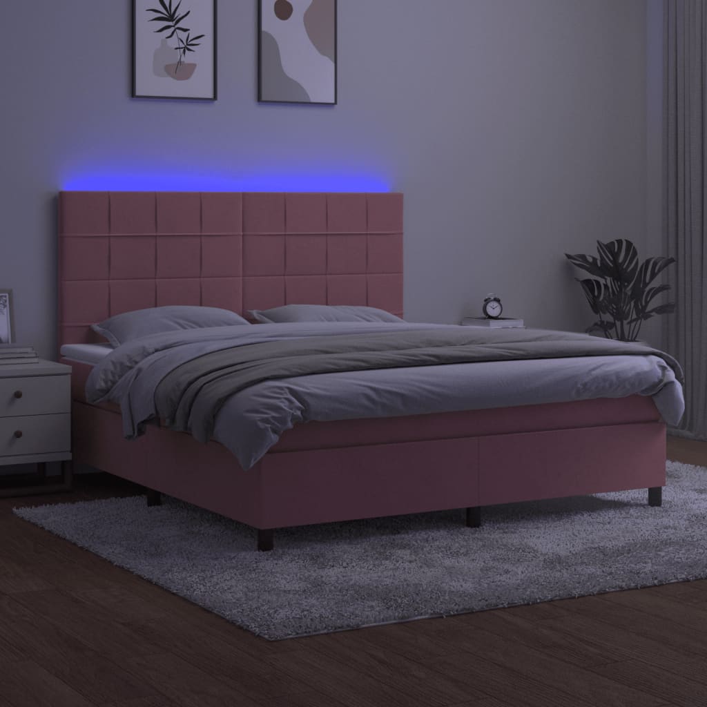rózsaszín bársony rugós és LED-es ágy matraccal 180x200 cm