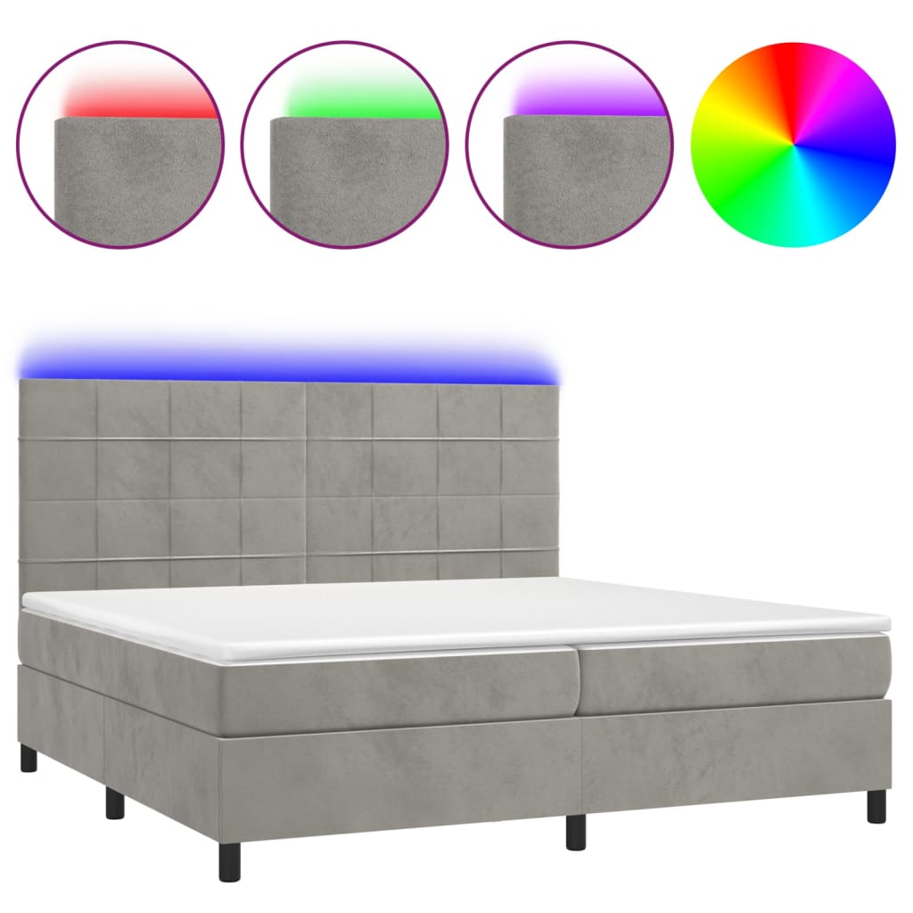 világosszürke bársony rugós és LED-es ágy matraccal 200x200 cm