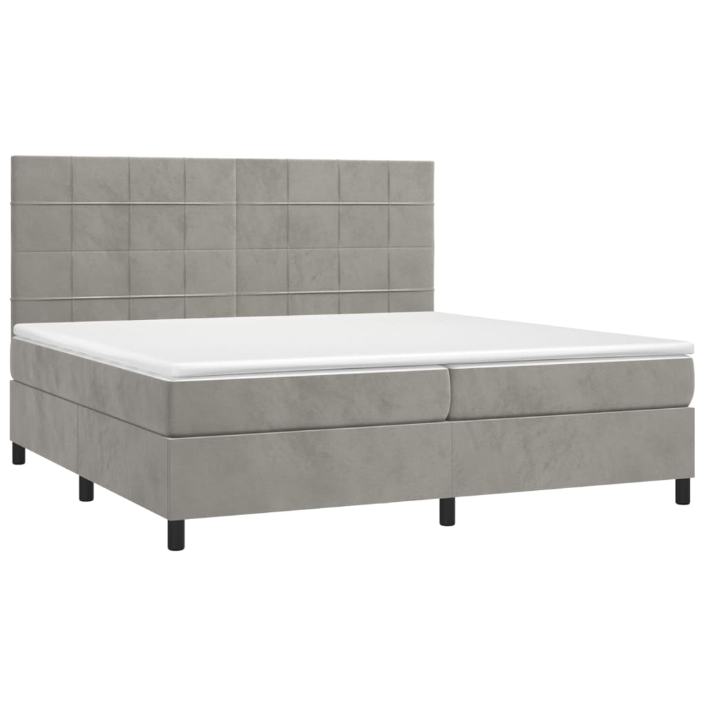világosszürke bársony rugós és LED-es ágy matraccal 200x200 cm