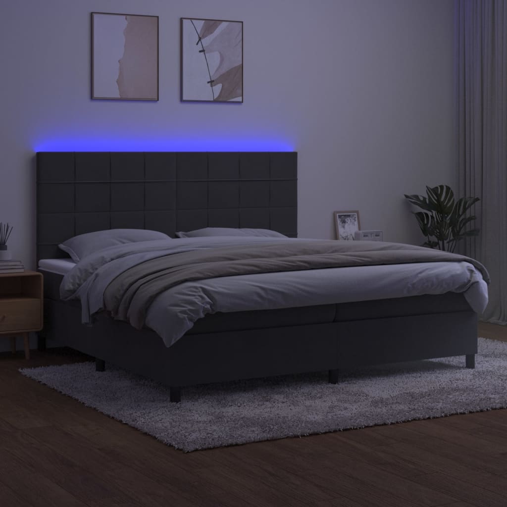 sötétszürke bársony rugós és LED-es ágy matraccal 200x200 cm