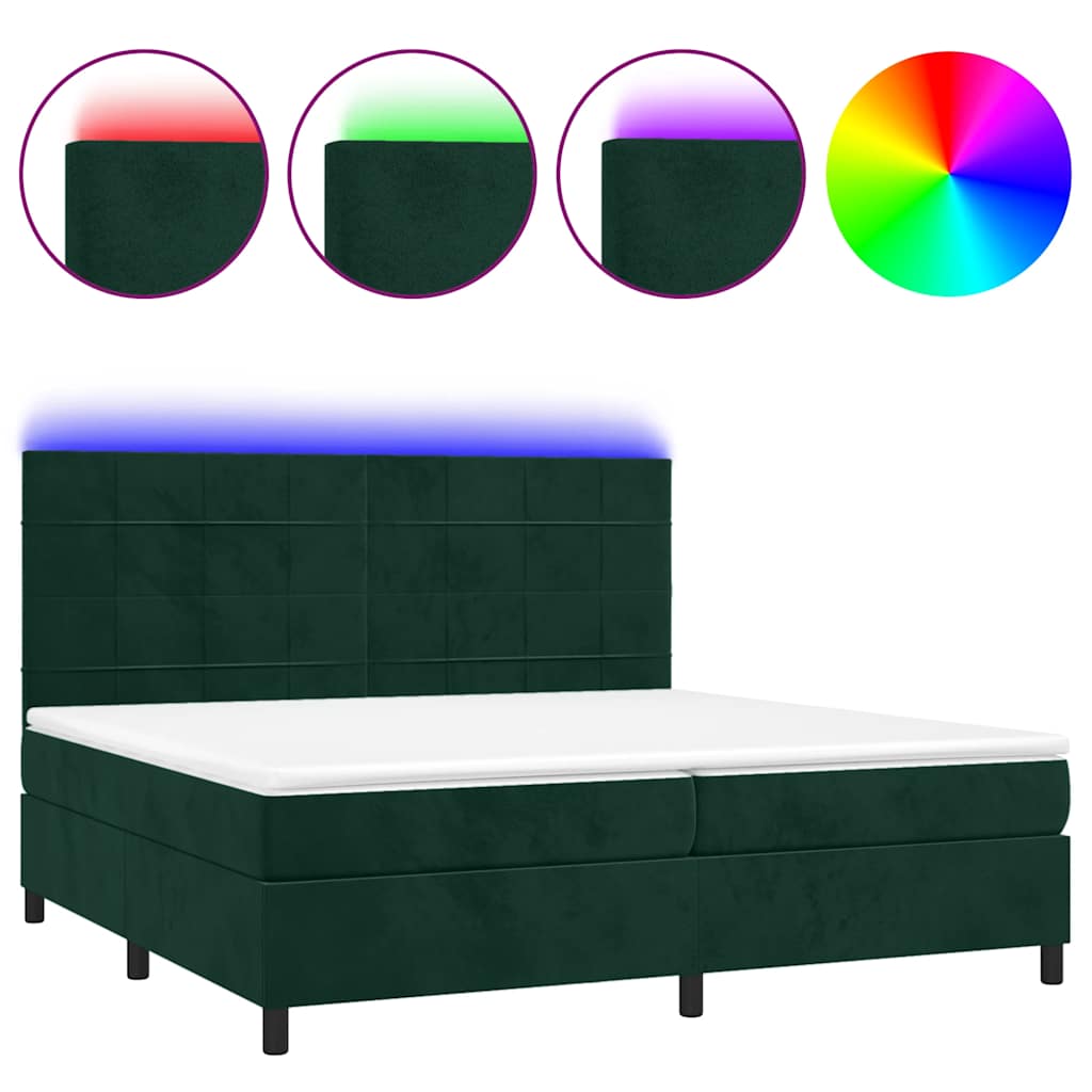 sötétzöld bársony rugós és LED-es ágy matraccal 200x200 cm