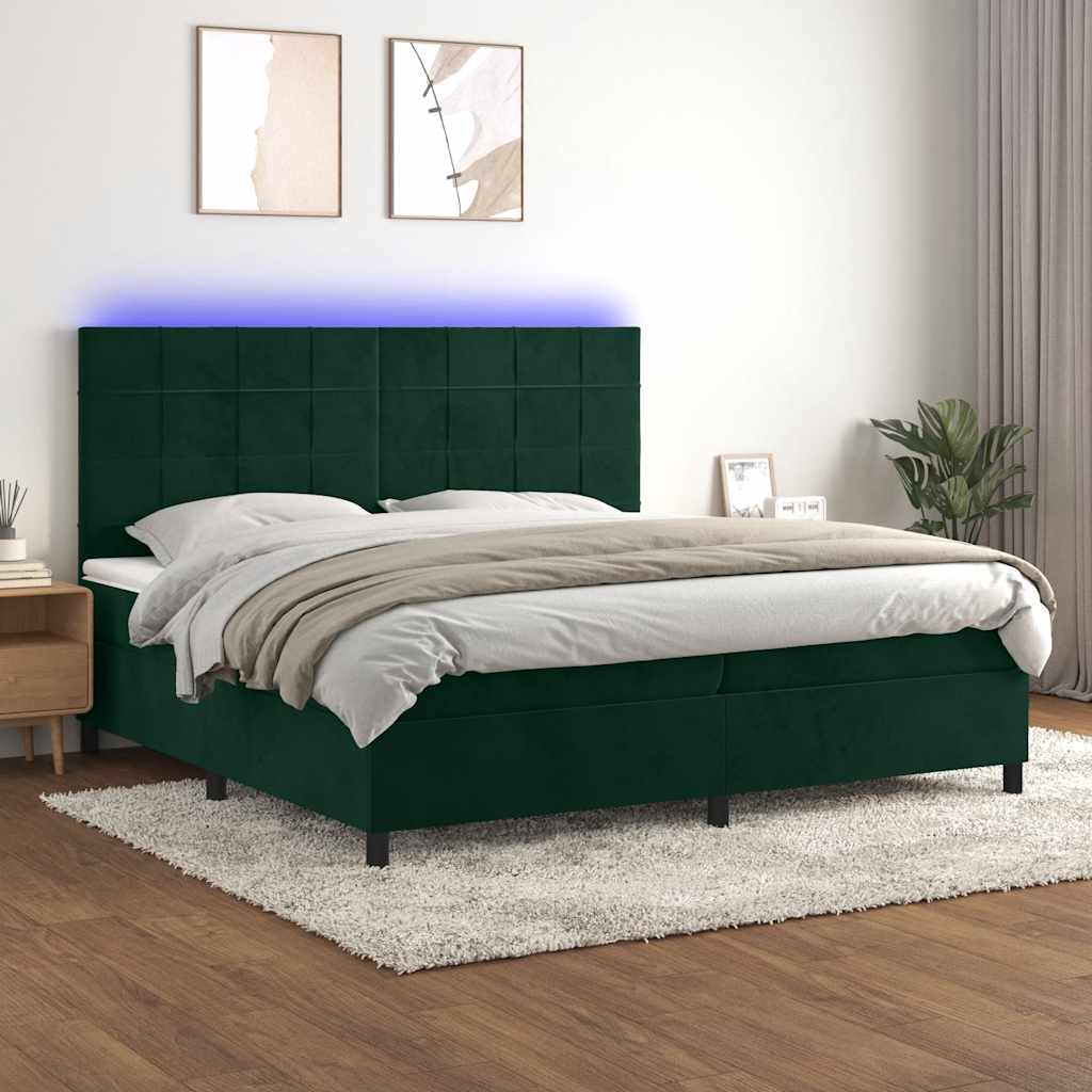 sötétzöld bársony rugós és LED-es ágy matraccal 200x200 cm