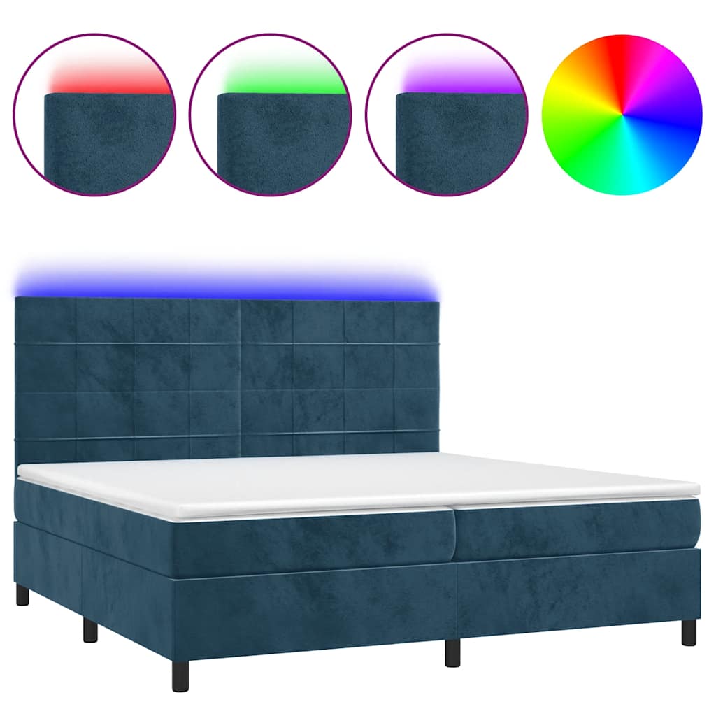 sötétkék bársony rugós és LED-es ágy matraccal 200x200 cm
