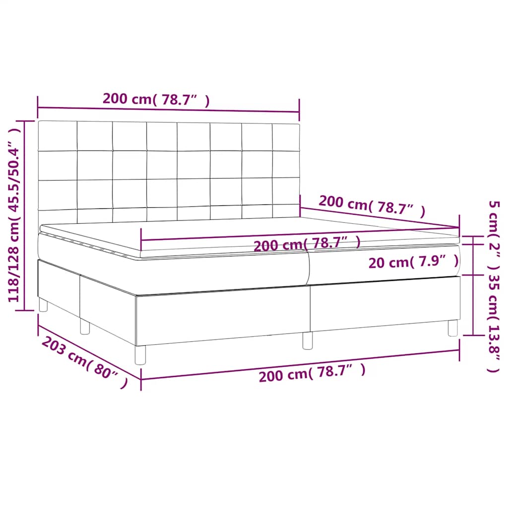 sötétkék bársony rugós és LED-es ágy matraccal 200x200 cm