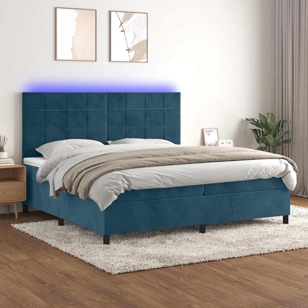 sötétkék bársony rugós és LED-es ágy matraccal 200x200 cm