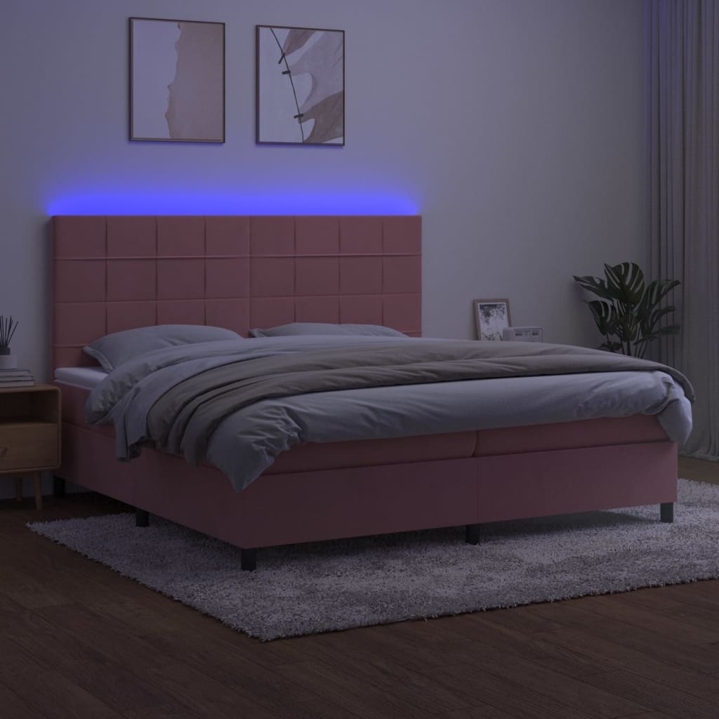 rózsaszín bársony rugós és LED-es ágy matraccal 200x200 cm