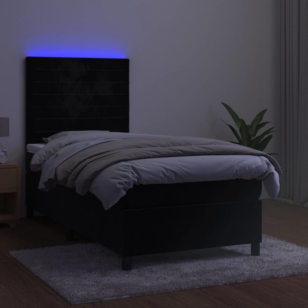 fekete bársony rugós és LED-es ágy matraccal 80 x 200 cm