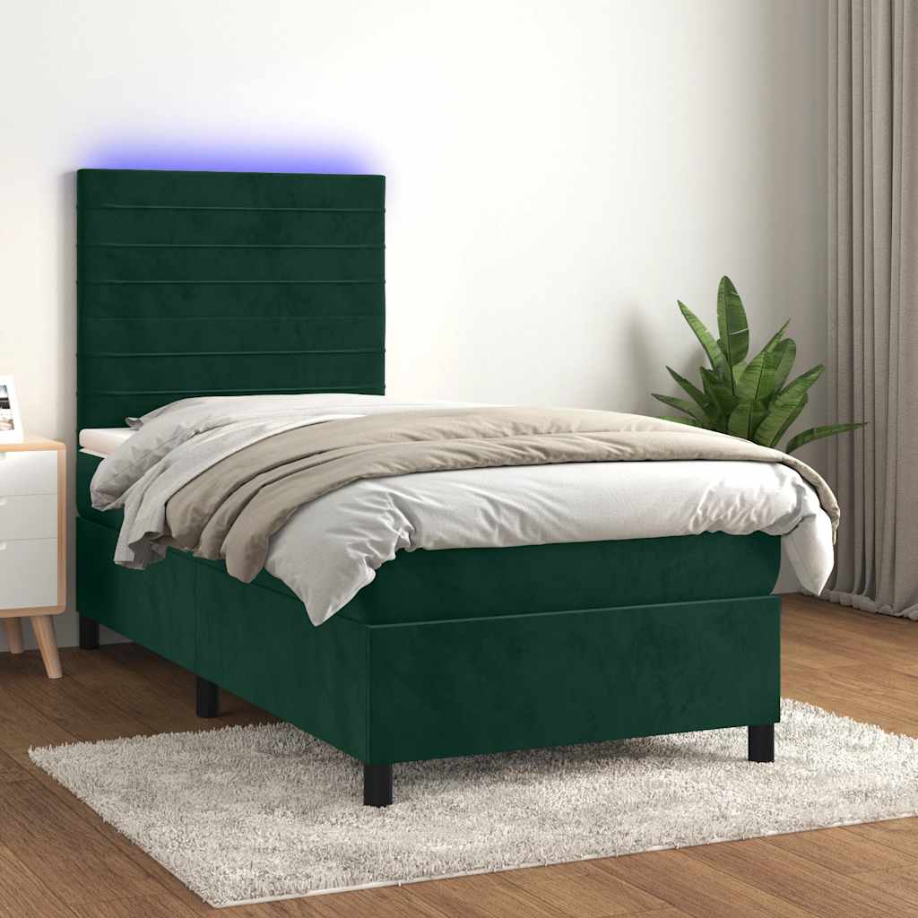 sötétzöld bársony rugós és LED-es ágy matraccal 80 x 200 cm