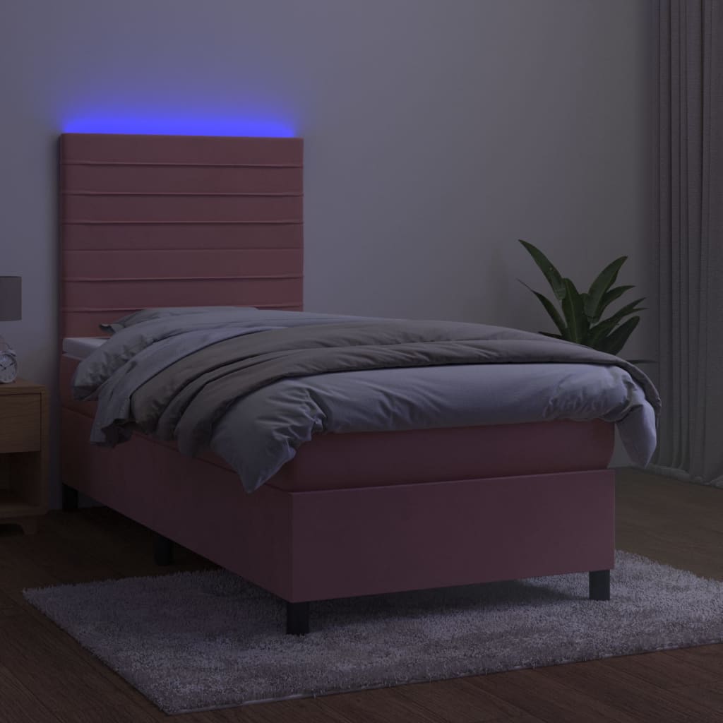 rózsaszín bársony rugós és LED-es ágy matraccal 80 x 200 cm