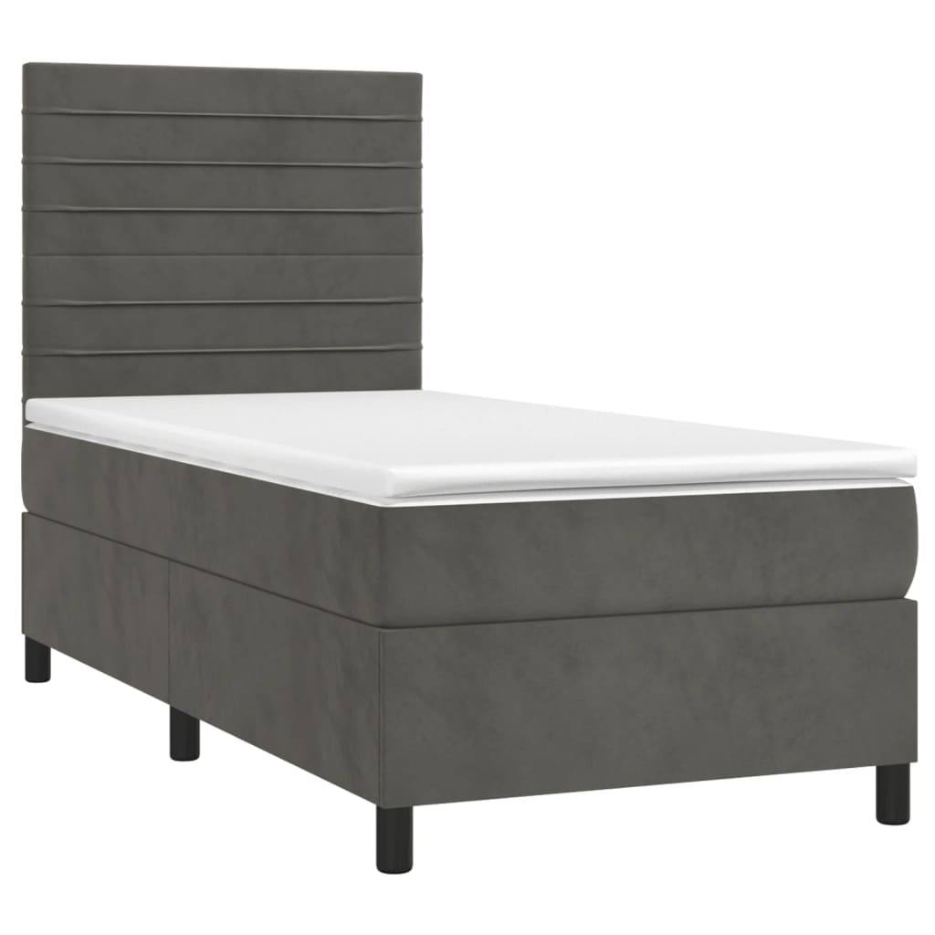 sötétszürke bársony rugós és LED-es ágy matraccal 90x190 cm