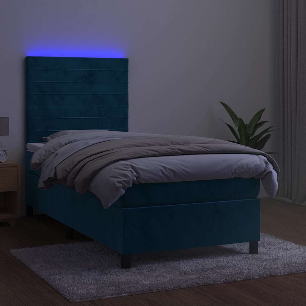 sötétkék bársony rugós és LED-es ágy matraccal 90x190 cm
