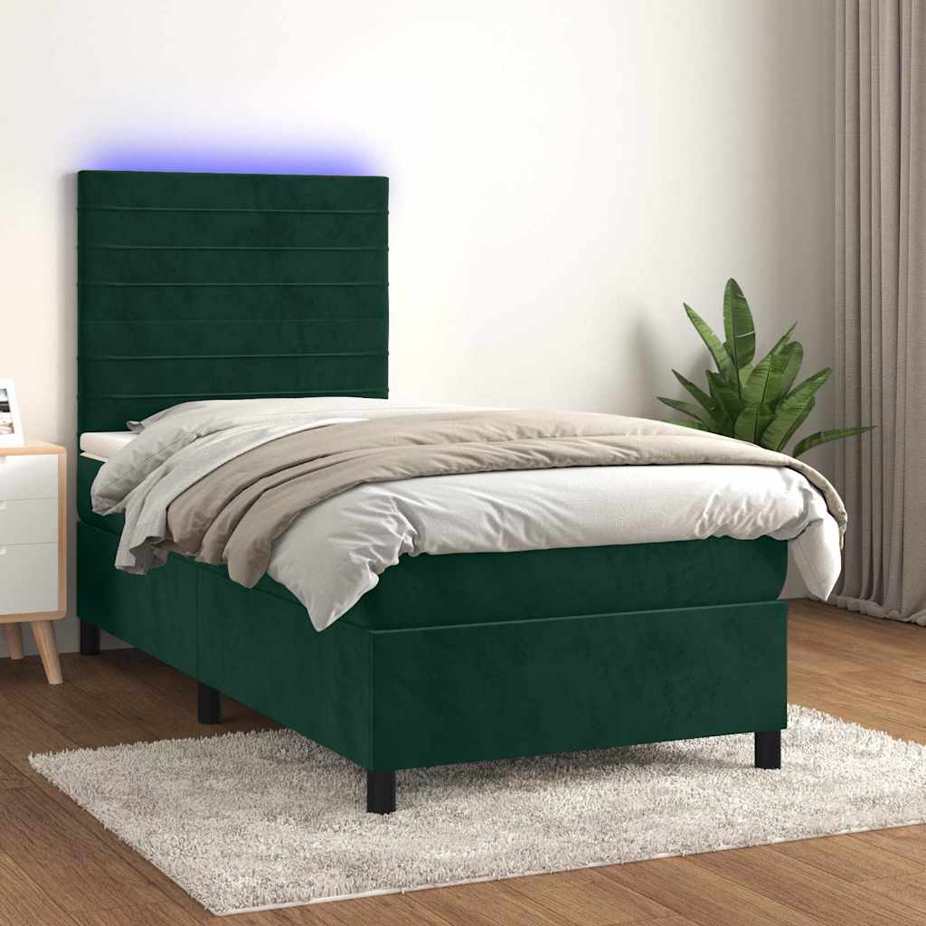 sötétzöld bársony rugós és LED-es ágy matraccal 90x200 cm