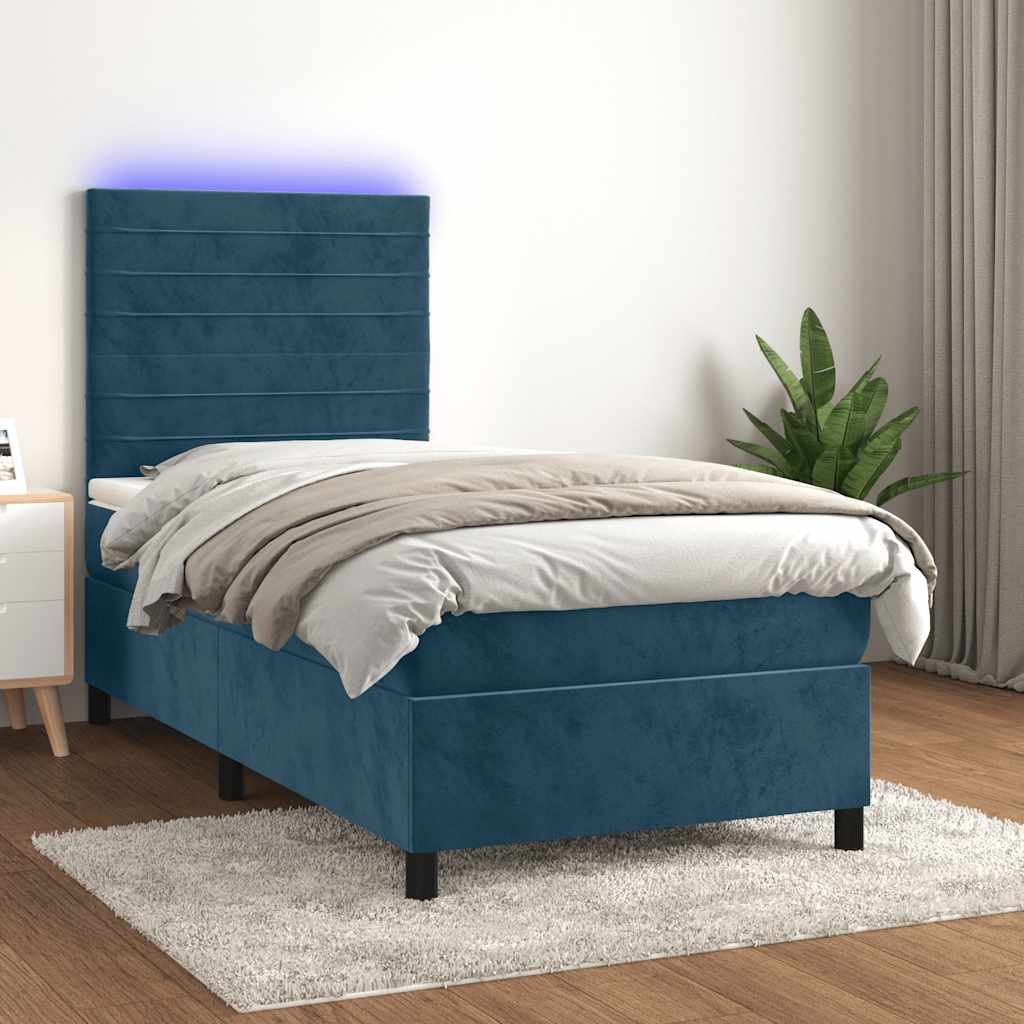 sötétkék bársony rugós és LED-es ágy matraccal 90x200 cm