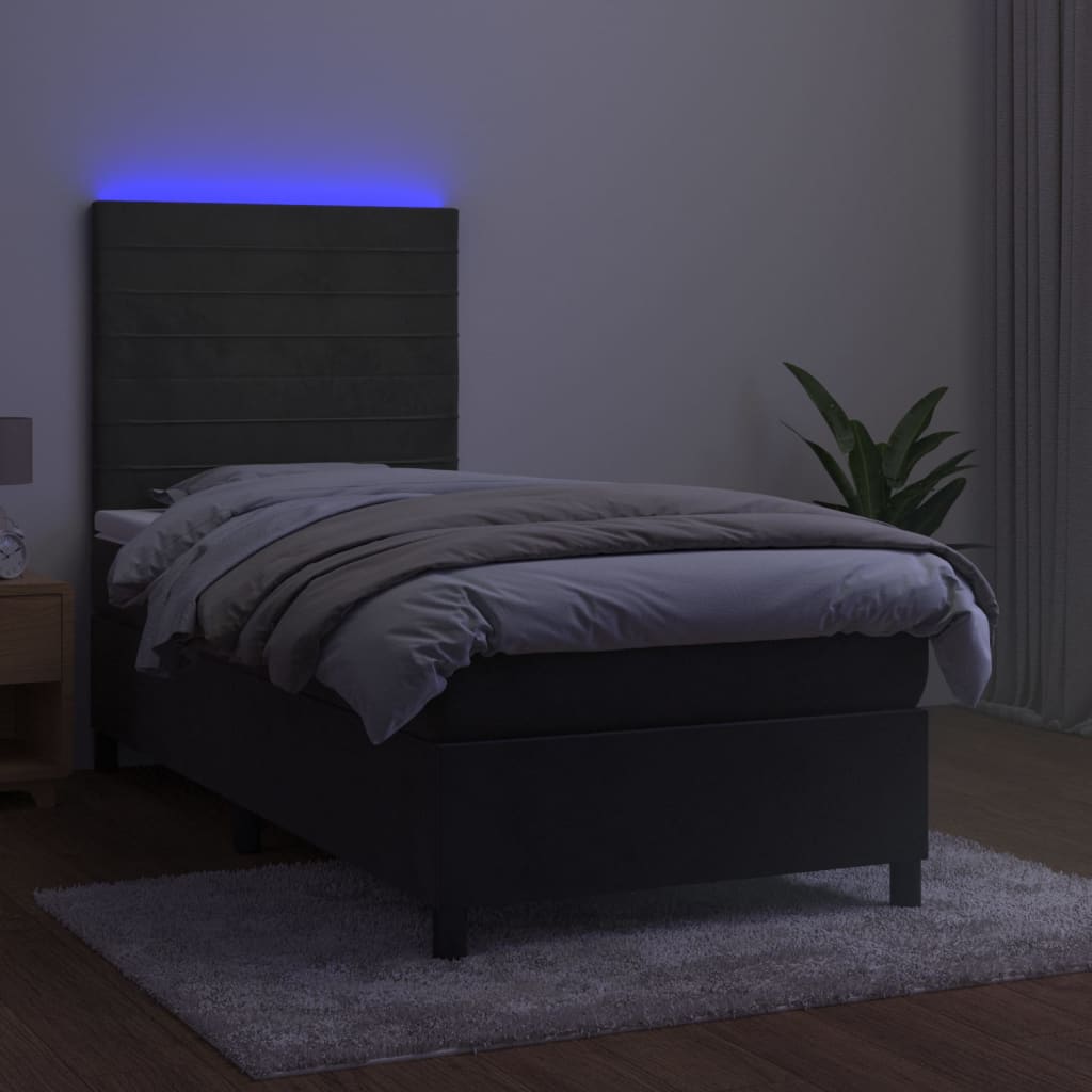 sötétszürke bársony rugós és LED-es ágy matraccal 100x200 cm
