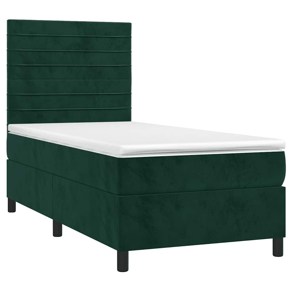 sötétzöld bársony rugós és LED-es ágy matraccal 100x200 cm