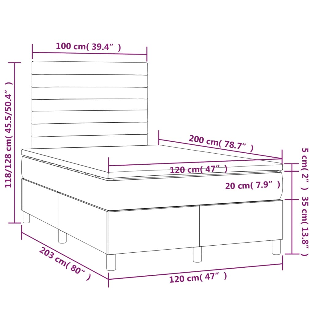 világosszürke bársony rugós és LED-es ágy matraccal 120x200 cm