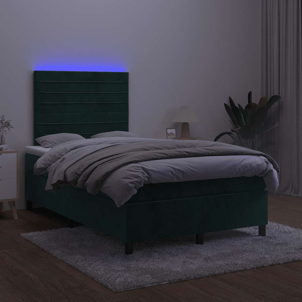 sötétzöld bársony rugós és LED-es ágy matraccal 120x200 cm