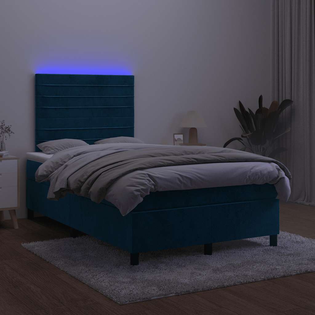 sötétkék bársony rugós és LED-es ágy matraccal 120x200 cm