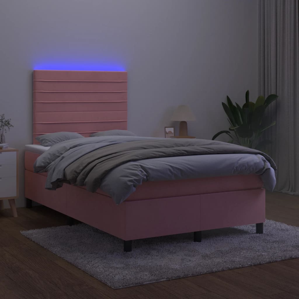 rózsaszín bársony rugós és LED-es ágy matraccal 120x200 cm