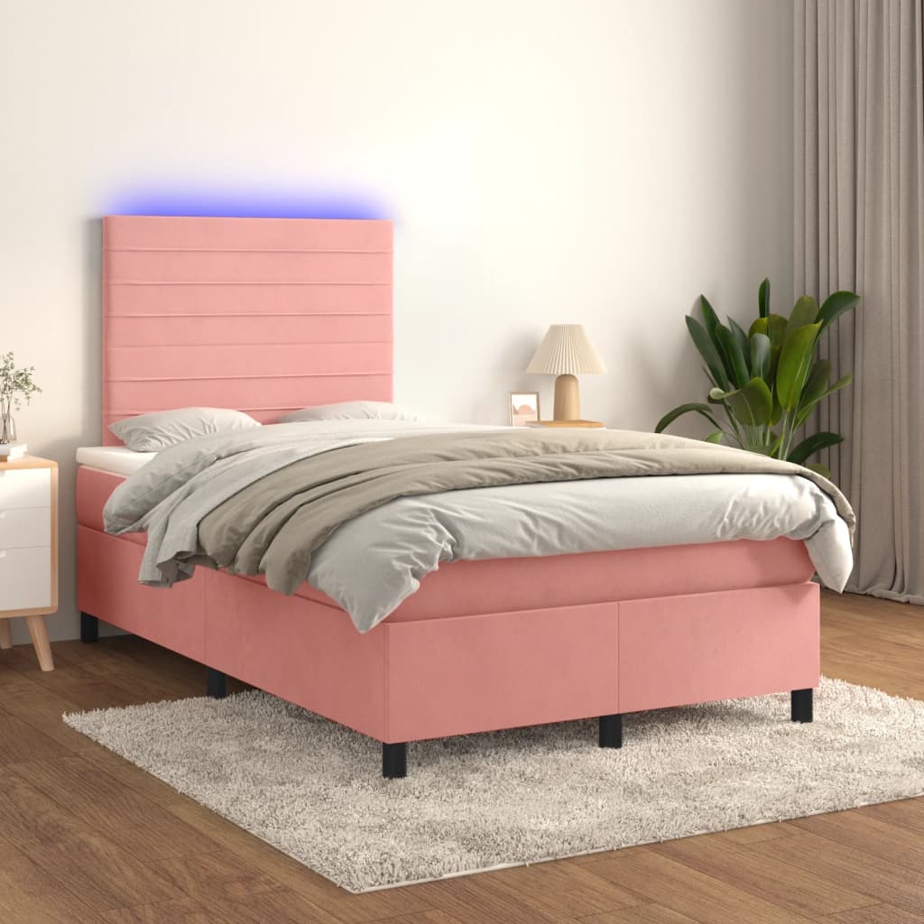 rózsaszín bársony rugós és LED-es ágy matraccal 120x200 cm