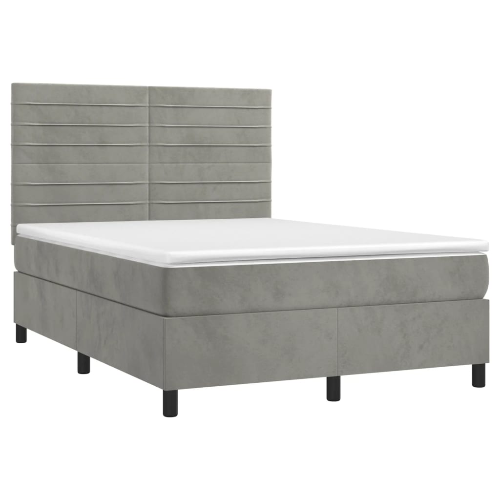 világosszürke bársony rugós és LED-es ágy matraccal 140x190 cm