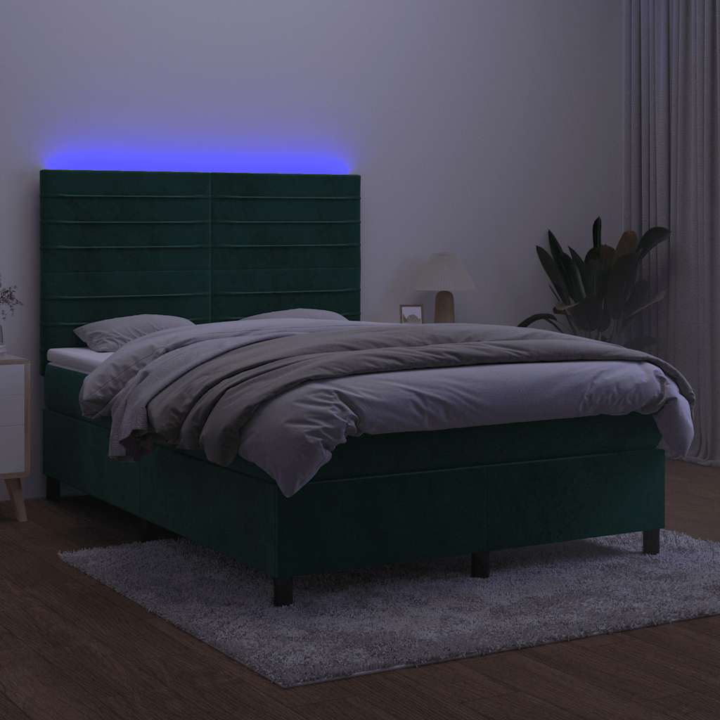 sötétzöld bársony rugós és LED-es ágy matraccal 140x190 cm