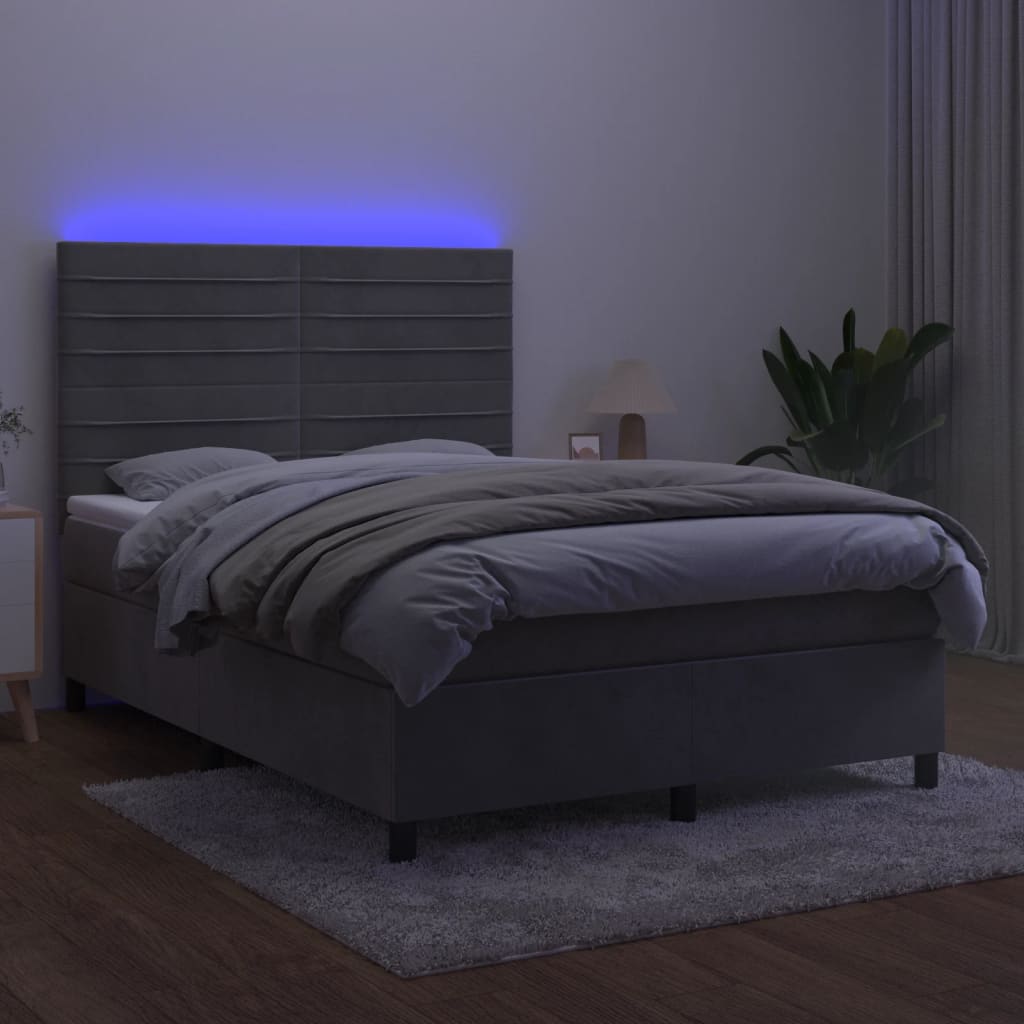 világosszürke bársony rugós és LED-es ágy matraccal 140x200 cm