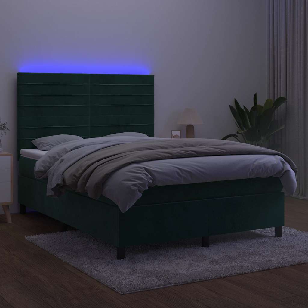 sötétzöld bársony rugós és LED-es ágy matraccal 140x200 cm