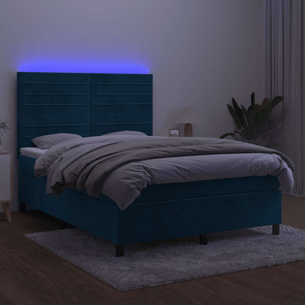 sötétkék bársony rugós és LED-es ágy matraccal 140x200 cm