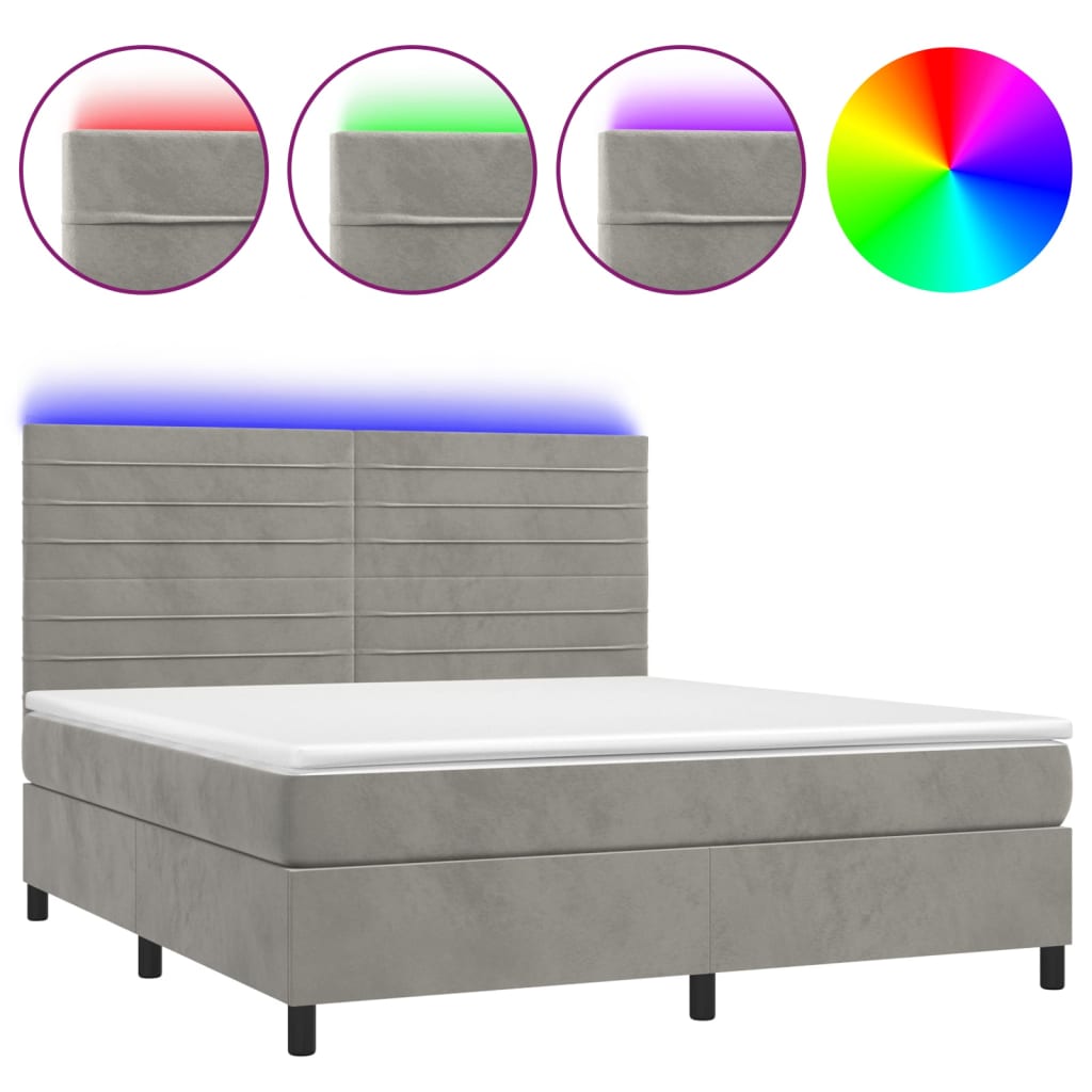 világosszürke bársony rugós és LED-es ágy matraccal 160x200 cm