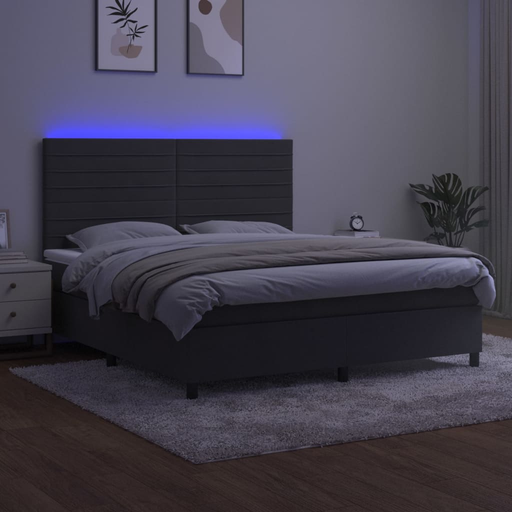 sötétszürke bársony rugós és LED-es ágy matraccal 160x200 cm