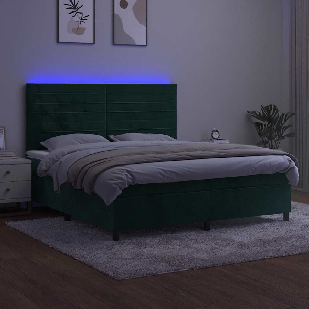 sötétzöld bársony rugós és LED-es ágy matraccal 160x200 cm
