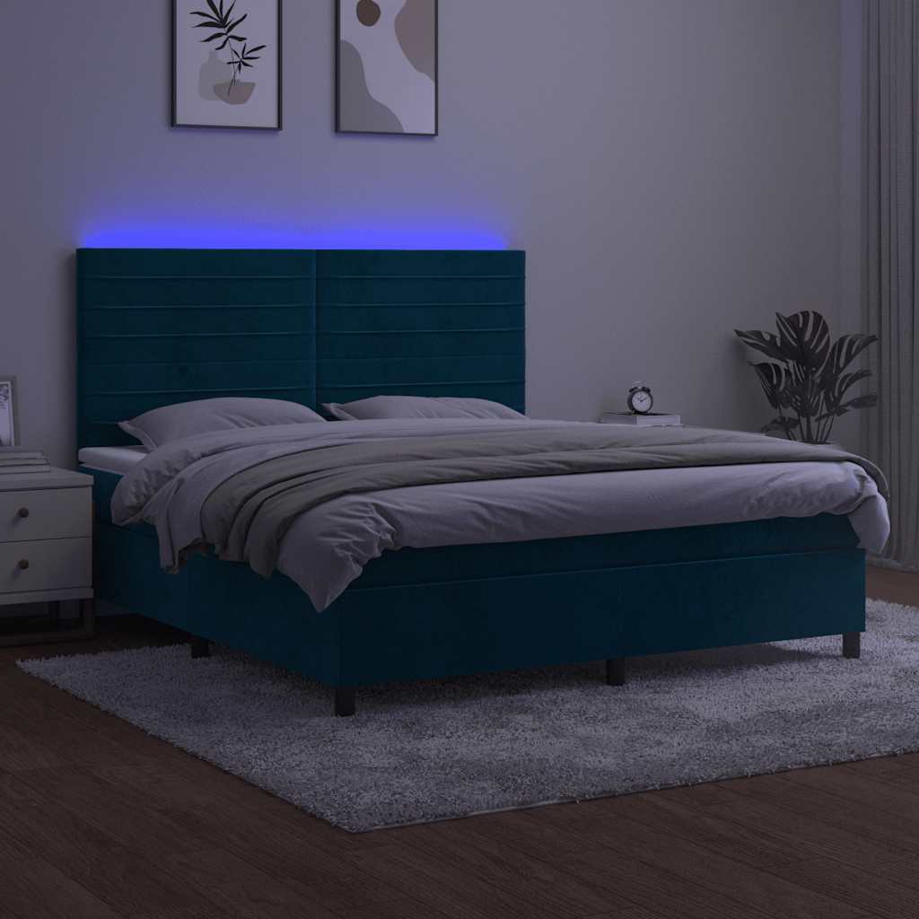sötétkék bársony rugós és LED-es ágy matraccal 160x200 cm