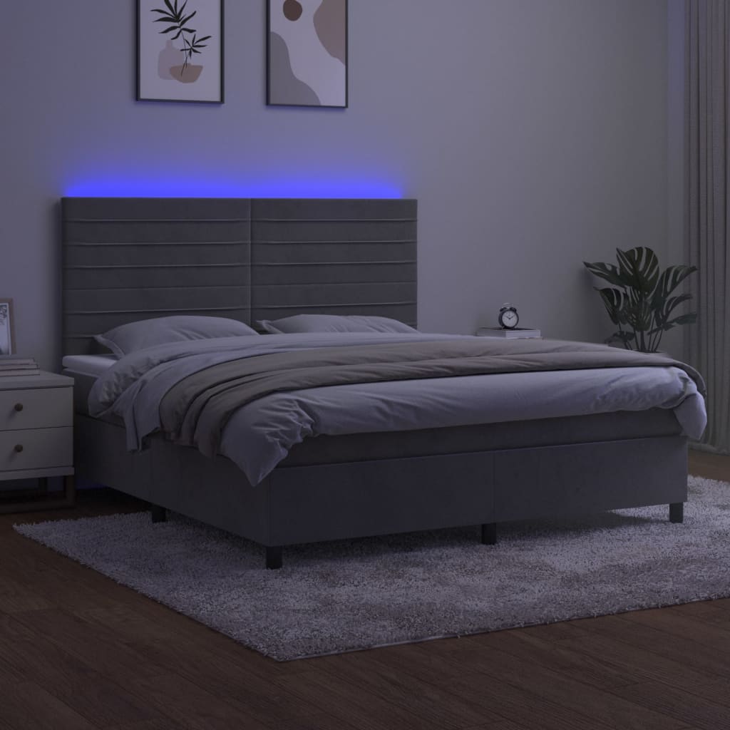világosszürke bársony rugós és LED-es ágy matraccal 180x200 cm