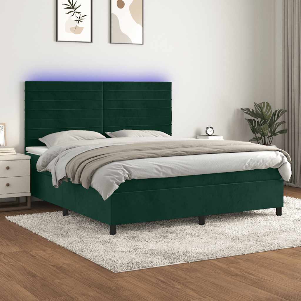 sötétzöld bársony rugós és LED-es ágy matraccal 180x200 cm
