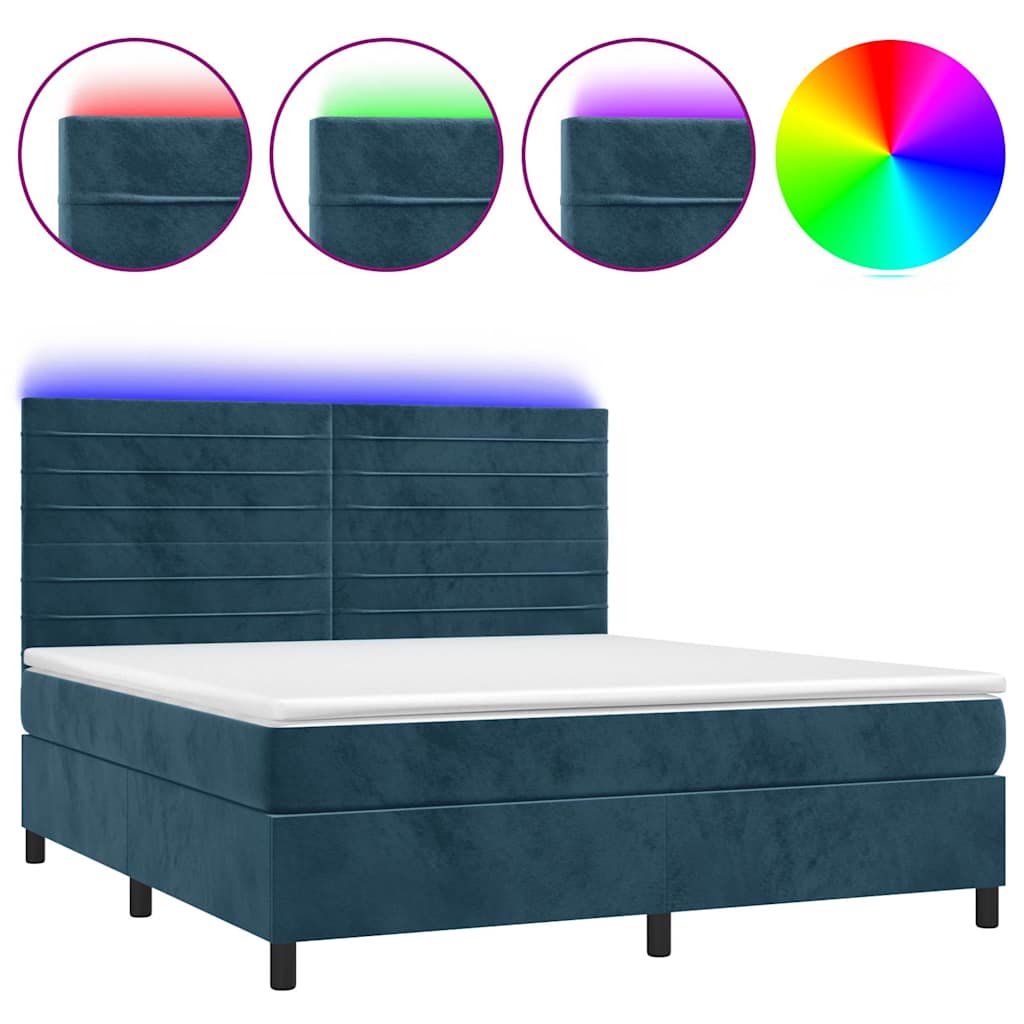 sötétkék bársony rugós és LED-es ágy matraccal 180x200 cm