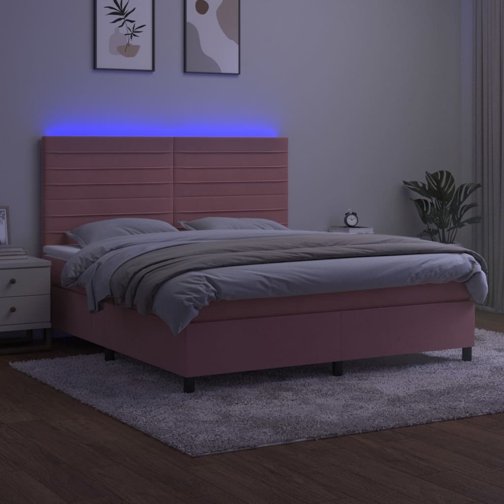 rózsaszín bársony rugós és LED-es ágy matraccal 180x200 cm
