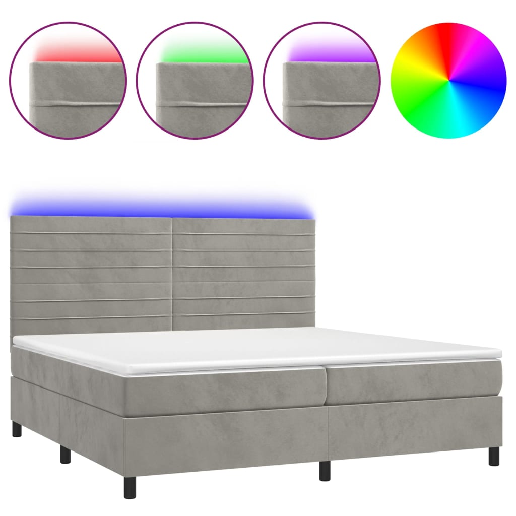 világosszürke bársony rugós és LED-es ágy matraccal 200x200 cm