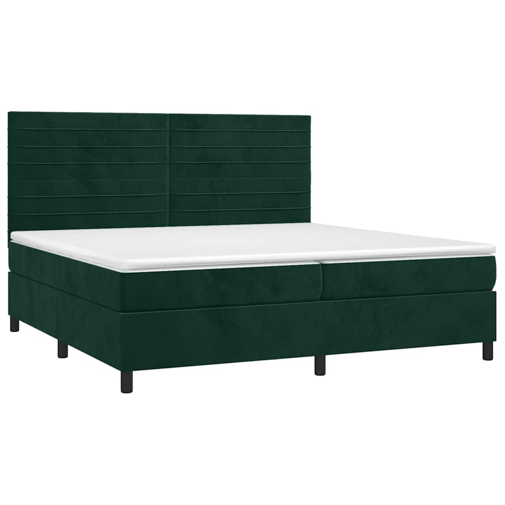 sötétzöld bársony rugós és LED-es ágy matraccal 200x200 cm